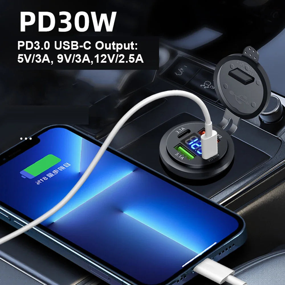 83W 4-Port Fast USB Car Charger Socket with Voltage Display