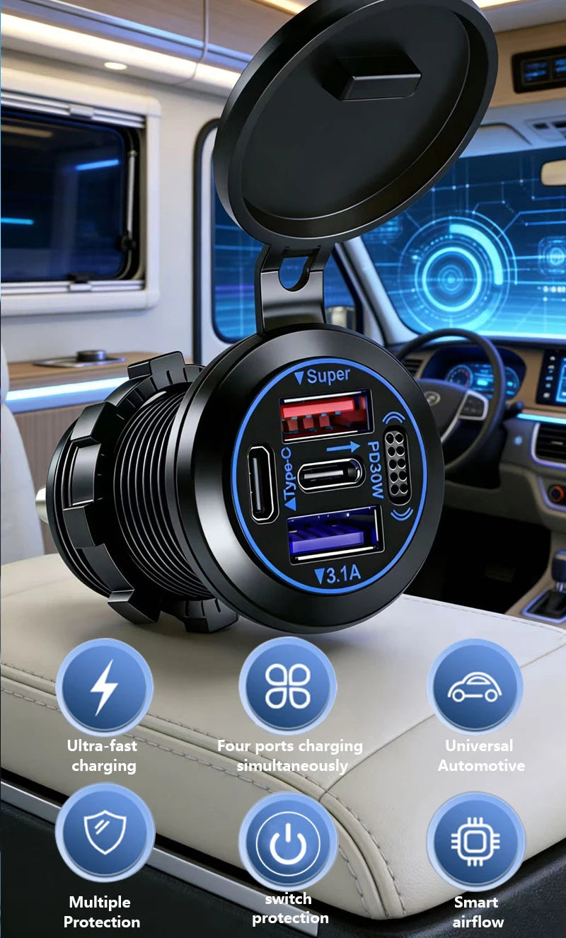 83W 4-Port Fast Charging Car Socket with Dual USB-C and Dual USB-A