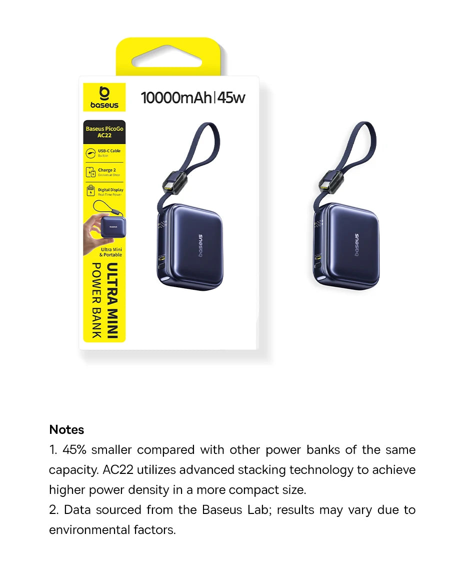 45W Mini Portable Power Bank with Built-in USB-C Cable 10000mAh