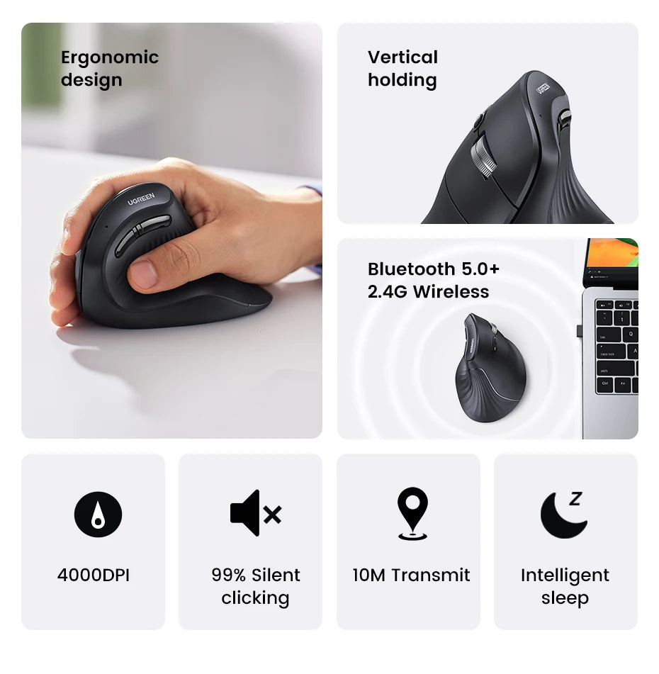 Ergonomic Vertical Wireless Mouse with Bluetooth 5.0 and 4000 DPI - 10