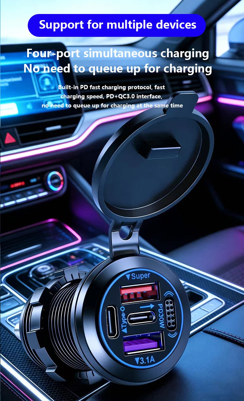 83W 4-Port Fast Charging Car Socket with Dual USB-C and Dual USB-A