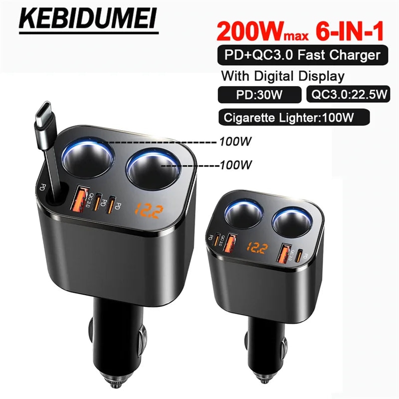 6-in-1 Retractable Fast Car Charger Adapter with Dual Lighter Ports - 1
