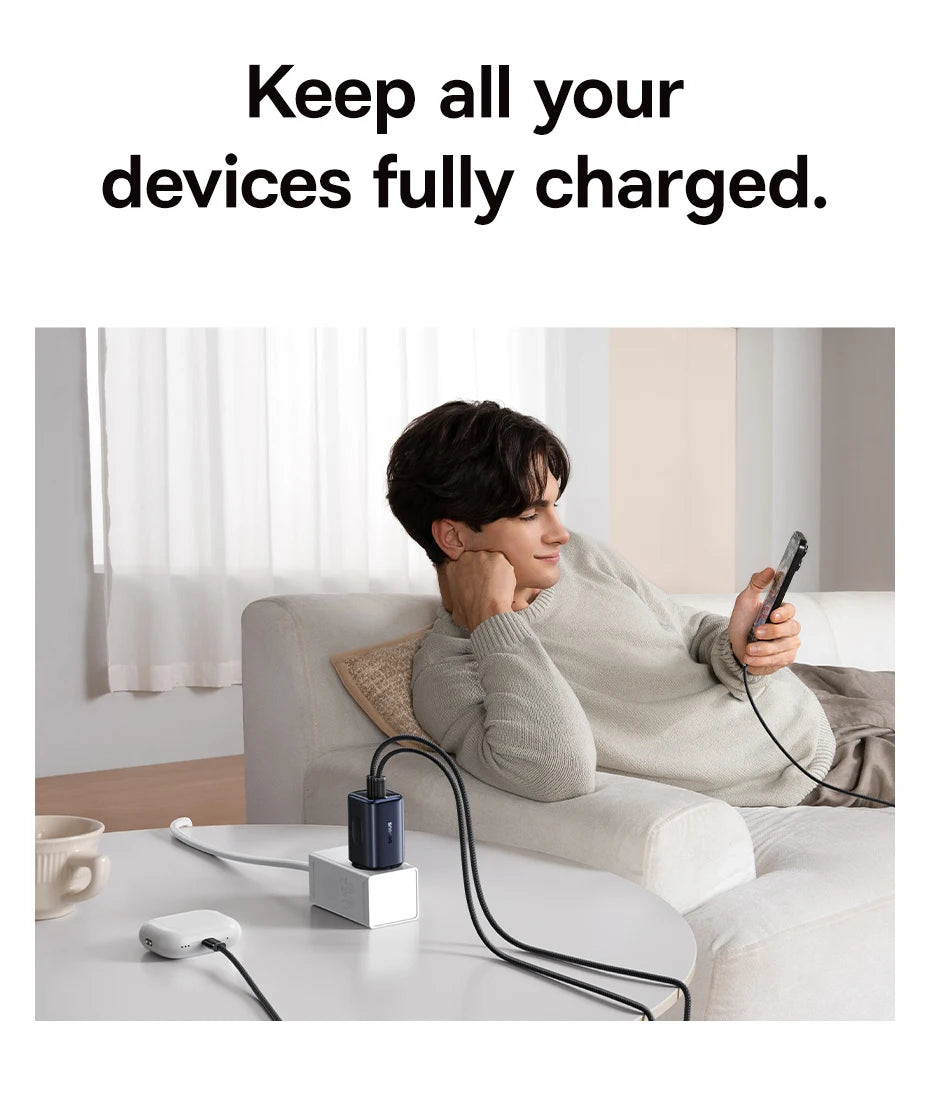 67W GaN Fast Wall Charger with 3 Ports for Laptops and Phones