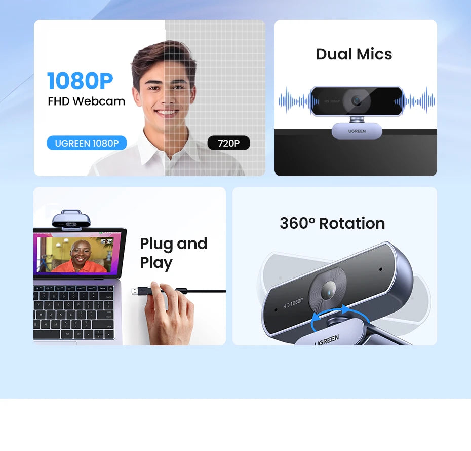 1080P HD USB Webcam with Dual Microphones for Laptop and PC