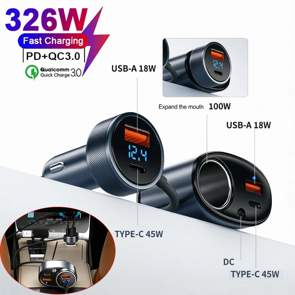 326W 6-Port Car Charger USB-C QC3.0 Cigarette Lighter Splitter 12-24V