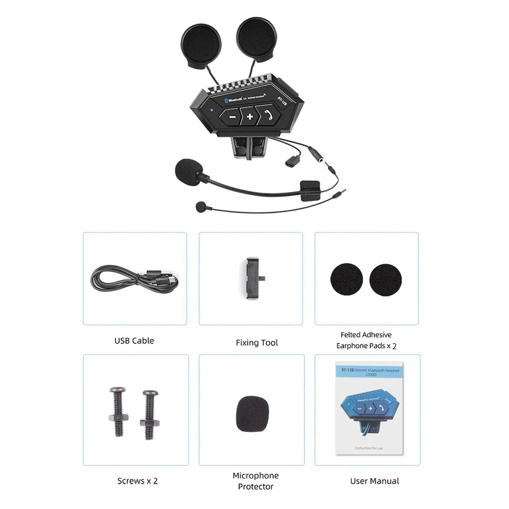 BT-12S Bluetooth 5.0 Motorcycle Helmet Headset with Dual Microphones