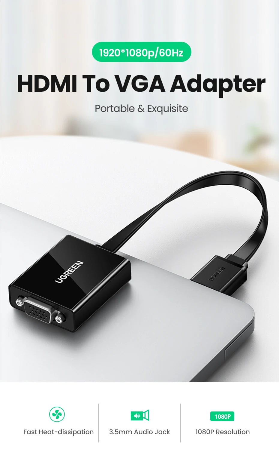 HDMI to VGA Adapter with 3.5mm Audio Jack 1080P