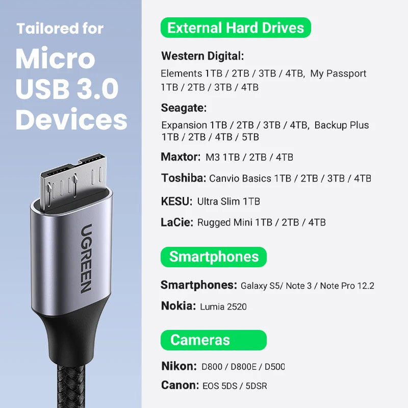 USB 3.0 to Micro B Data Cable for Hard Drives