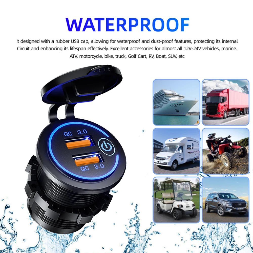 Dual QC 3.0 USB Fast Car Charger Socket 12V/24V Waterproof Outlet