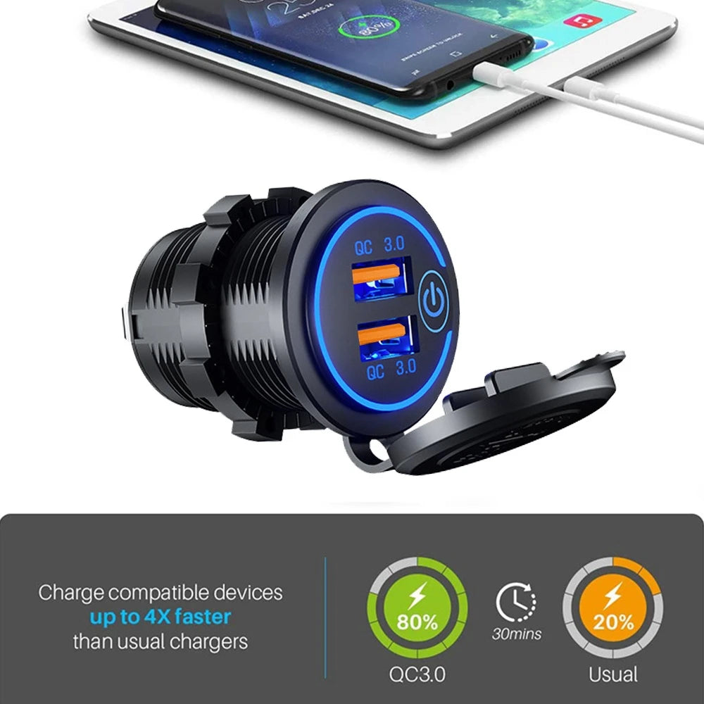 Dual QC 3.0 USB Fast Car Charger Socket 12V/24V Waterproof Outlet - 2
