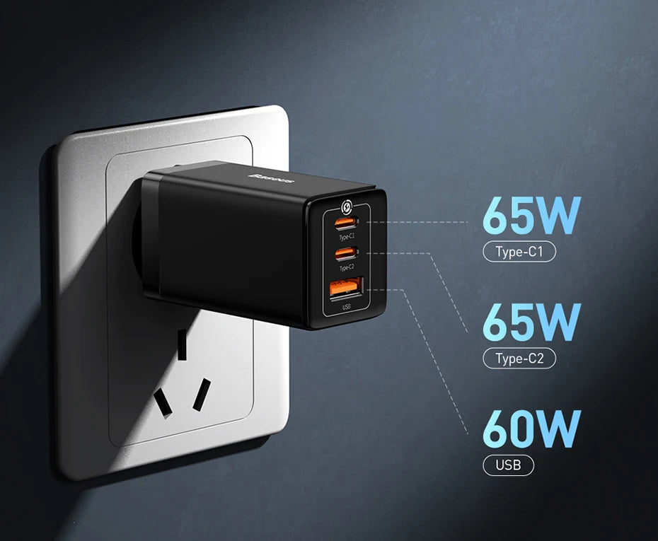 65W GaN Fast Charger with Dual Type-C and USB Ports