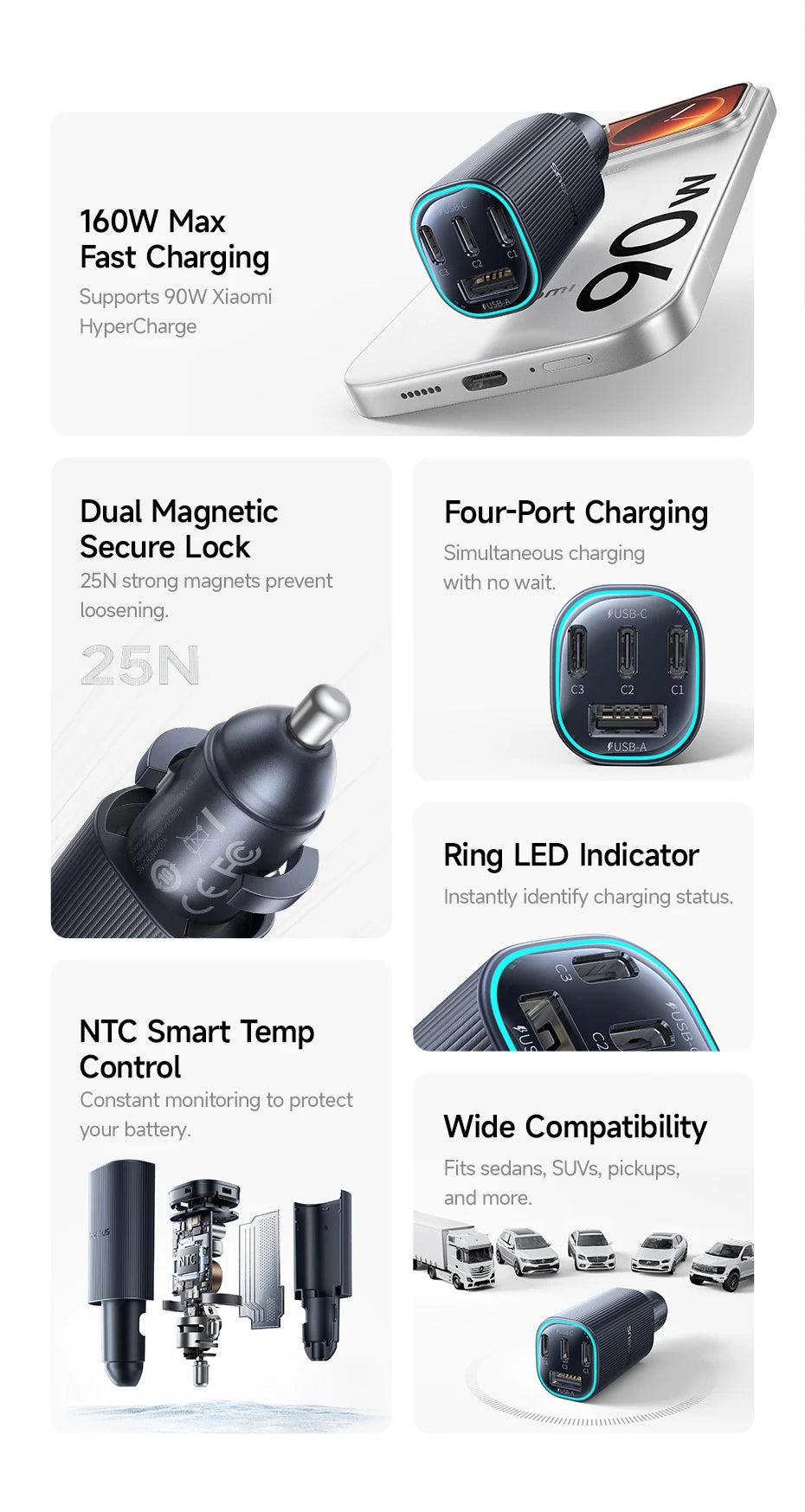 160W Fast Car Charger with Triple USB Ports for Laptops and Phones - 8