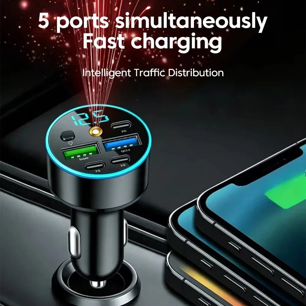 66W 5 Port Car Charger with 3 PD and 2 USB Ports and Starry Sky Lamp