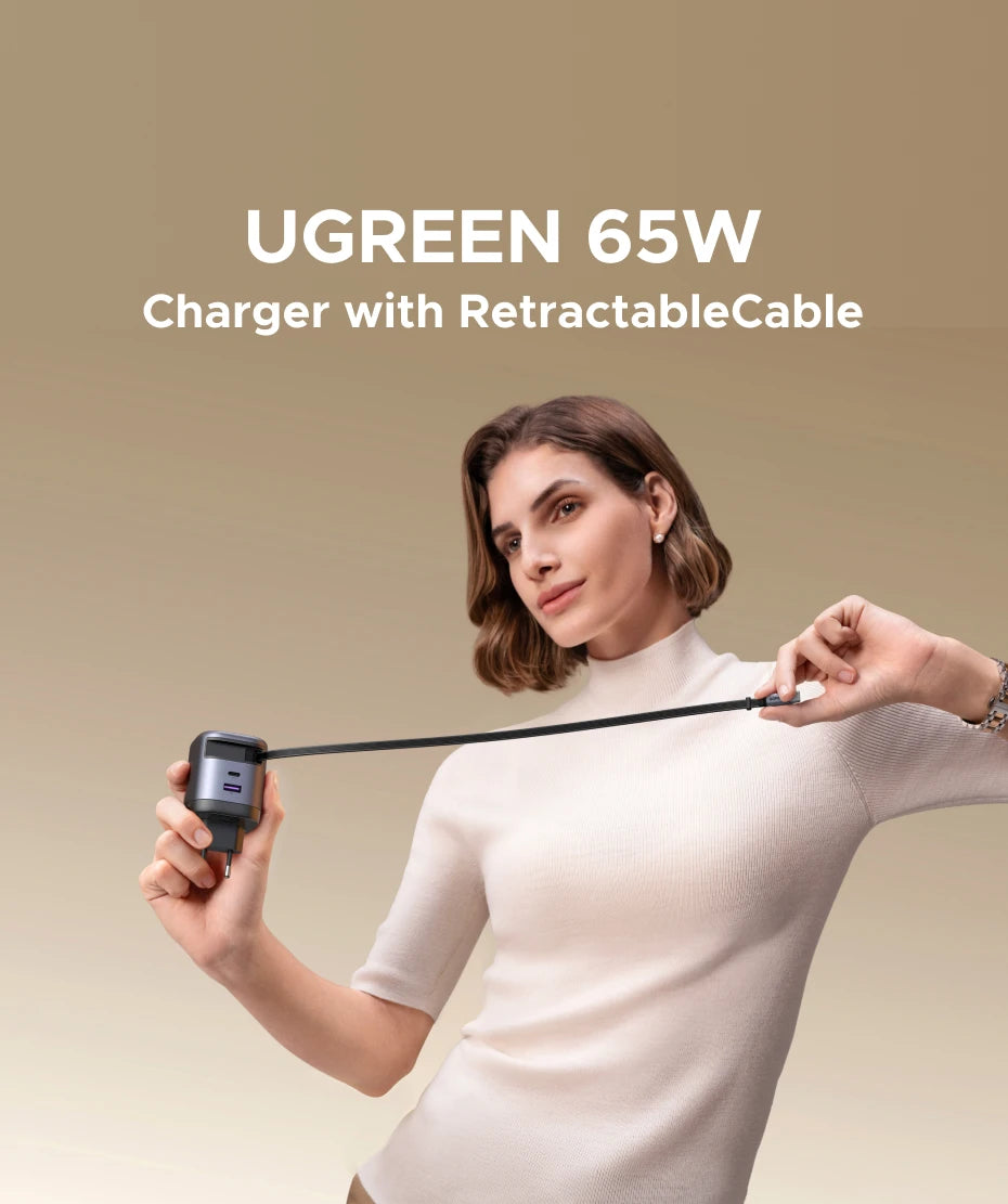 65W GaN Fast Wall Charger with Built-in Retractable USB-C Cable