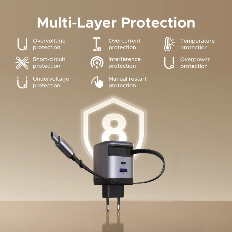65W GaN Fast Wall Charger with Built-in Retractable USB-C Cable - 6