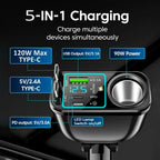 120W 5 in 1 Retractable Car Charger with Voltmeter and Starry Light