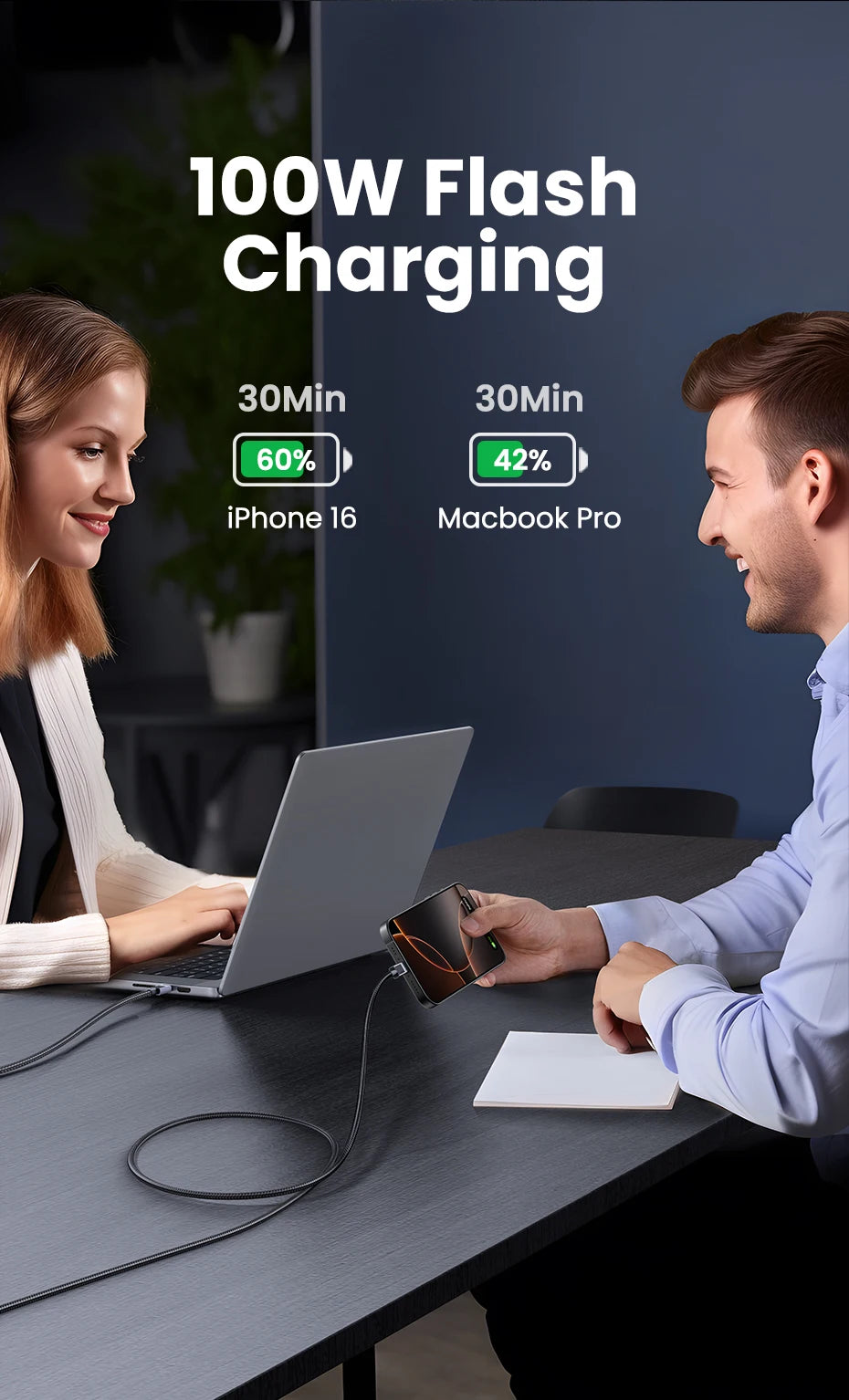100W USB-C Fast Charging Cable for Laptops and Smartphones - 10