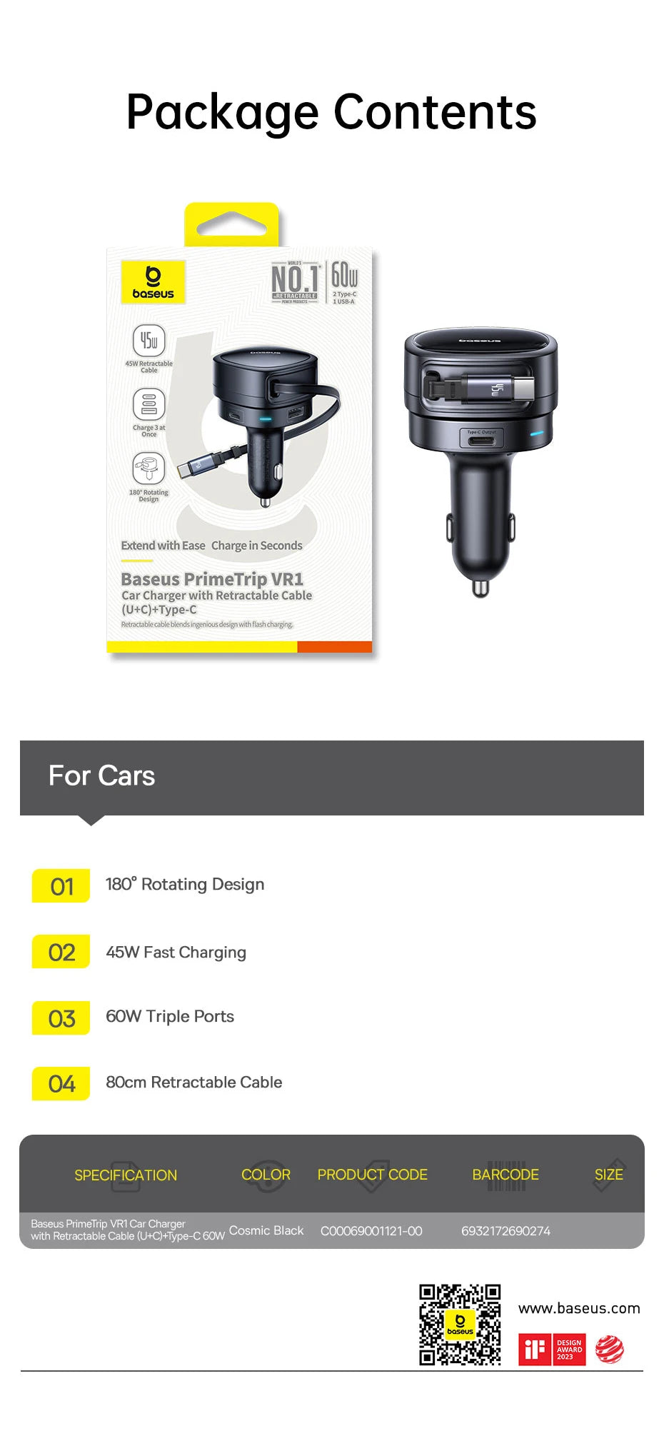 60W Retractable Fast Car Charger with 3 Ports