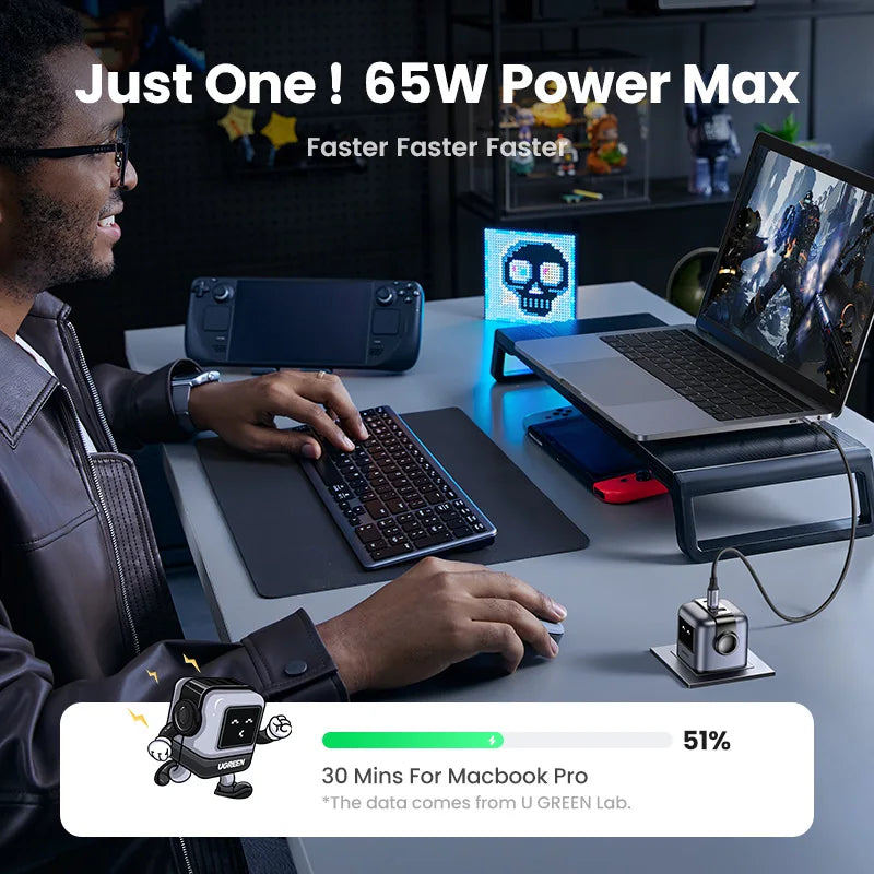 65W GaN USB-C Fast Charger with LED Display for Laptops and Phones