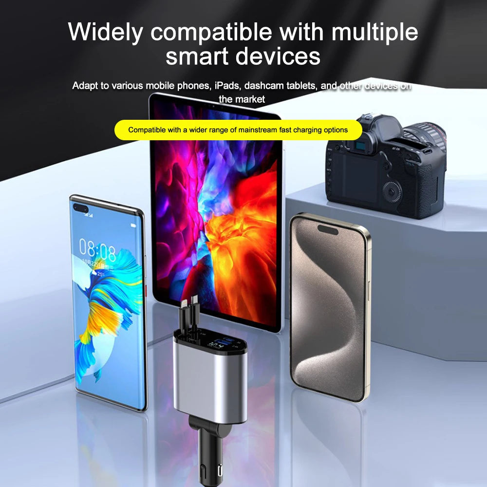 120W 4-in-1 Retractable Fast Car Charger with Voltage Display - 13
