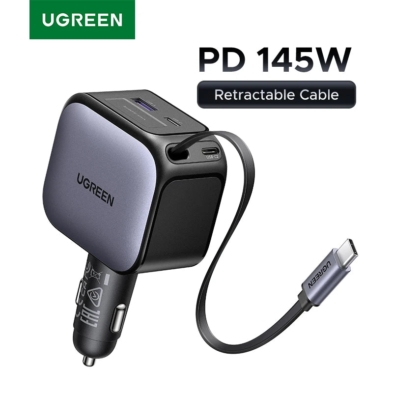 Fast-Charging Retractable USB-C Car Charger with Multiple Ports - 1