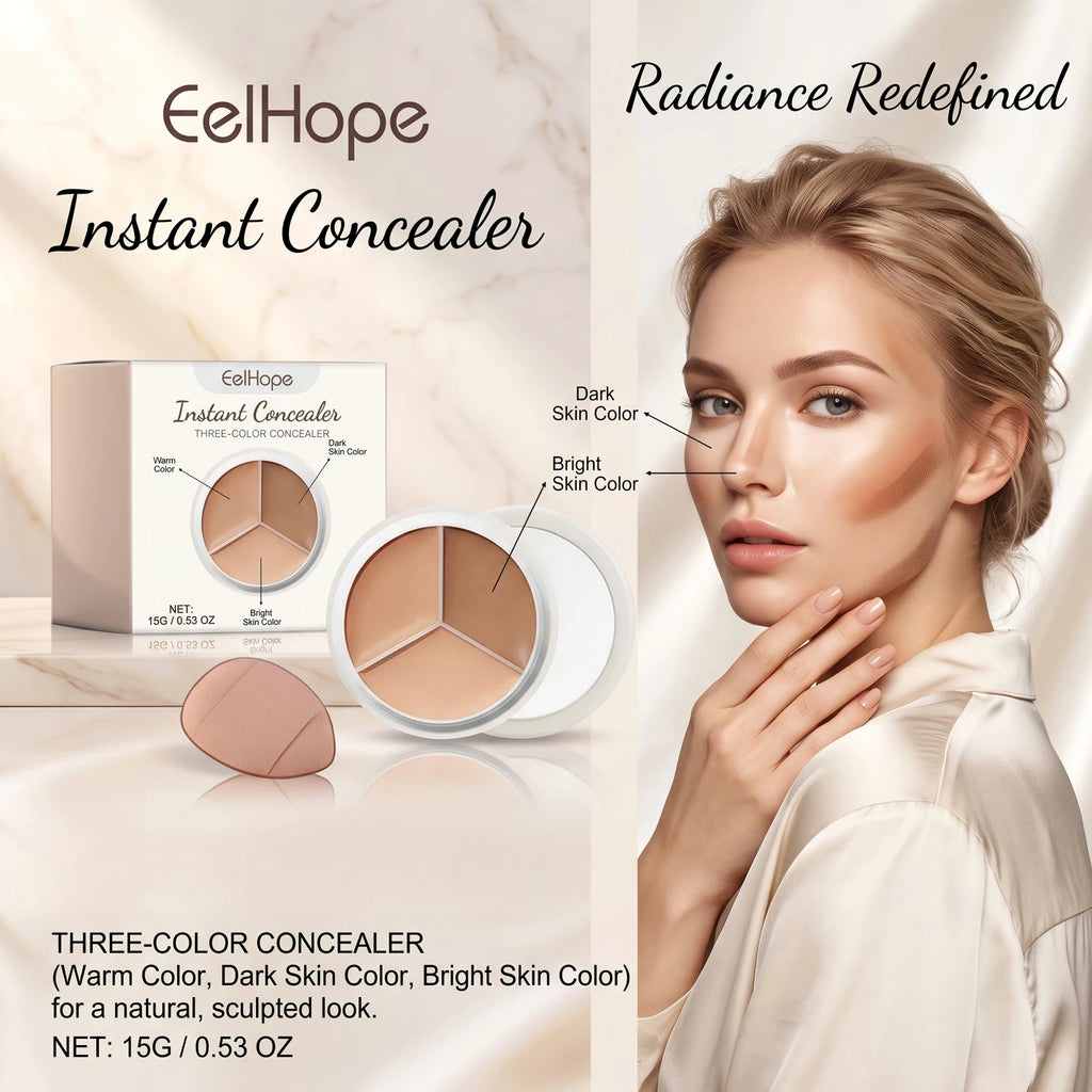 3-Color Cream Concealer Palette for Dark Circles and Blemishes