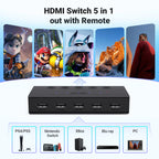 5-Port 4K 60Hz HDMI Switcher with Remote for Gaming Consoles