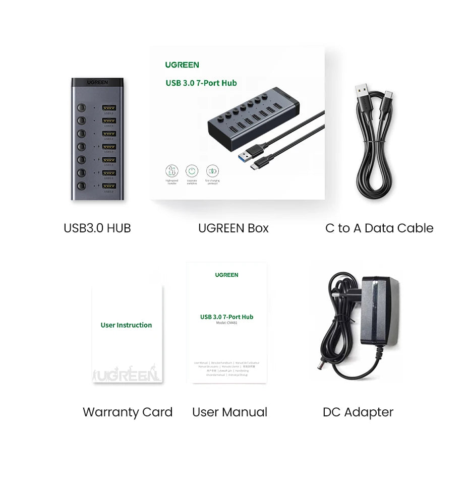 7-Port USB 3.0 Data Hub with Individual Switches and Power Adapter