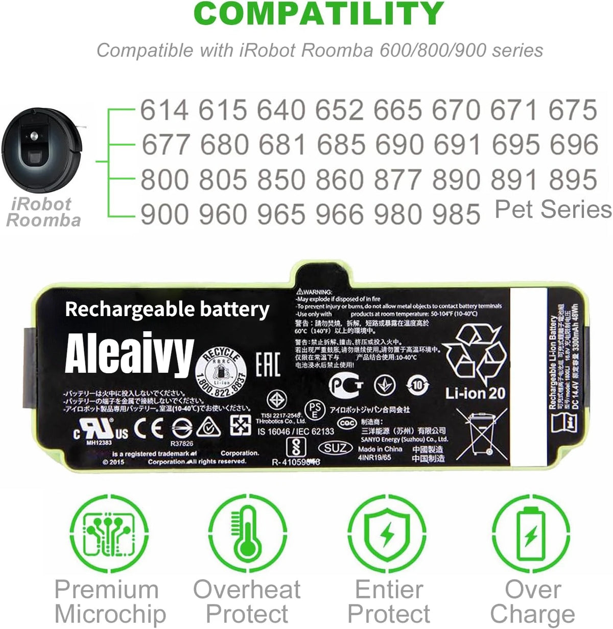 Replacement Lithium-Ion Battery for Roomba 600, 700, 800 & 900 Series