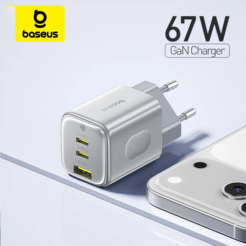 67W GaN Fast Wall Charger with 3 Ports for Laptops and Phones