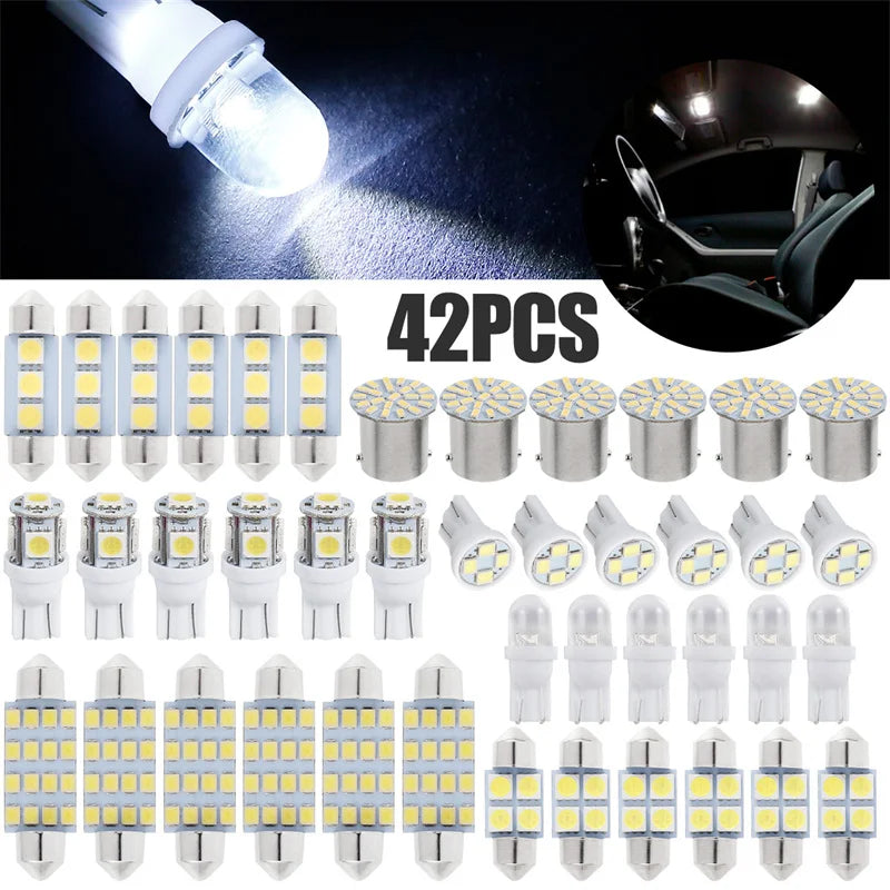 42 Piece 12V LED Interior Car Light Bulb Kit T10 and 1156 Assortment