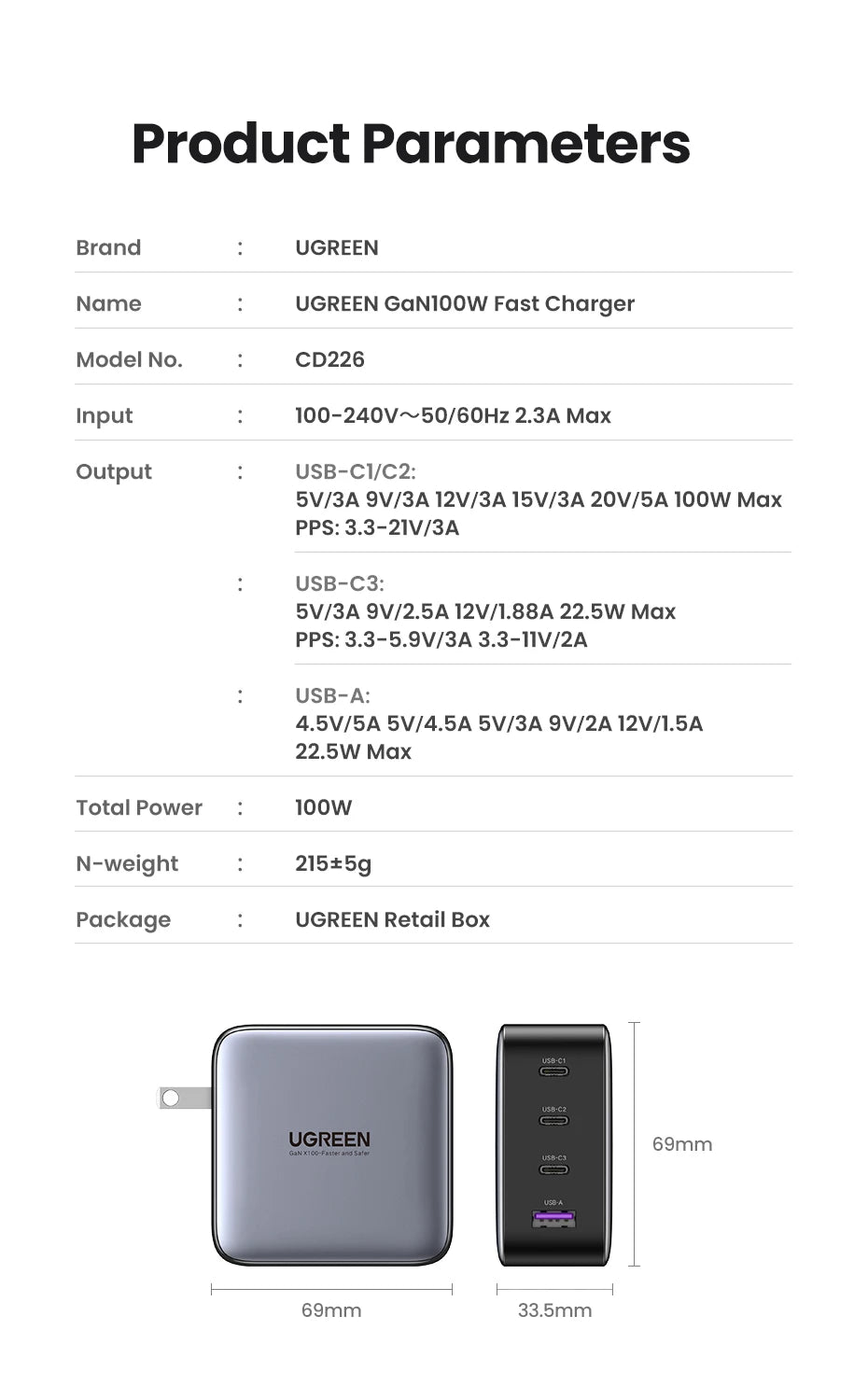 100W GaN USB-C Fast Wall Charger for Laptops and Smartphones