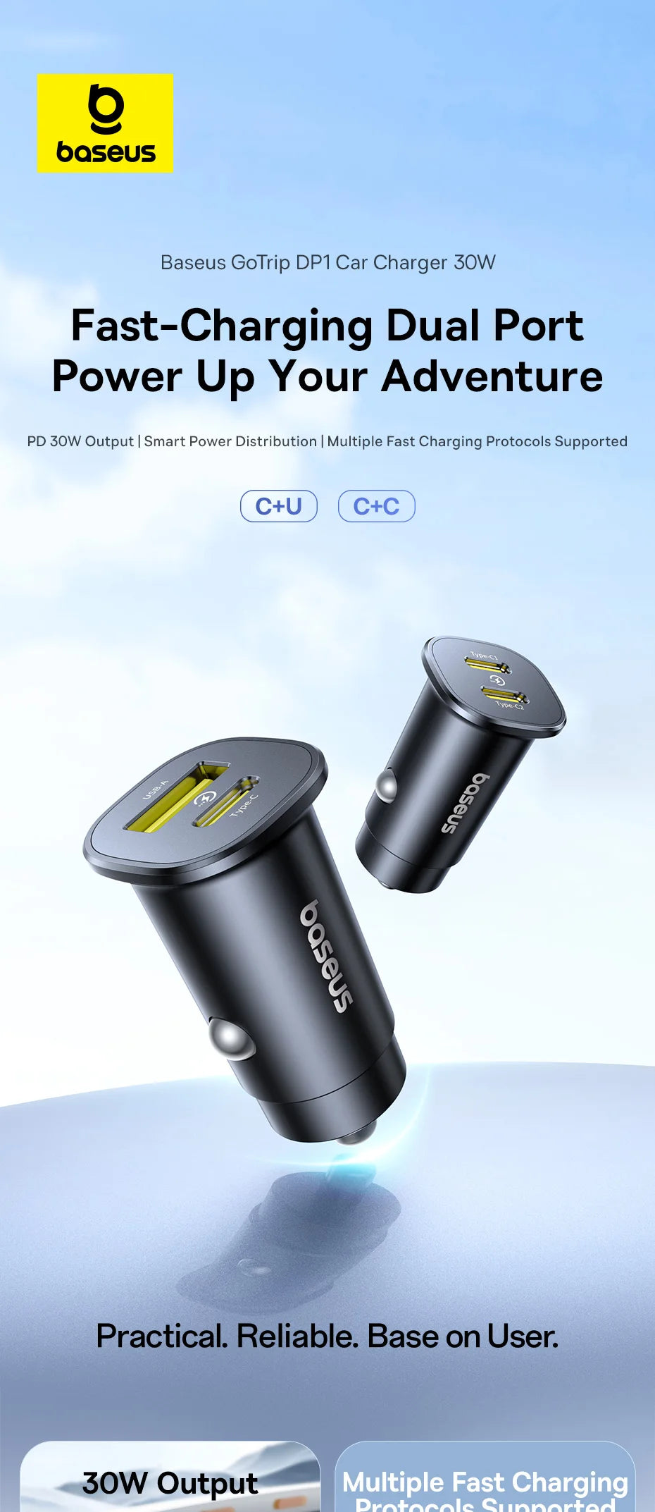 30W Dual Port Fast Car Charger USB and Type-C