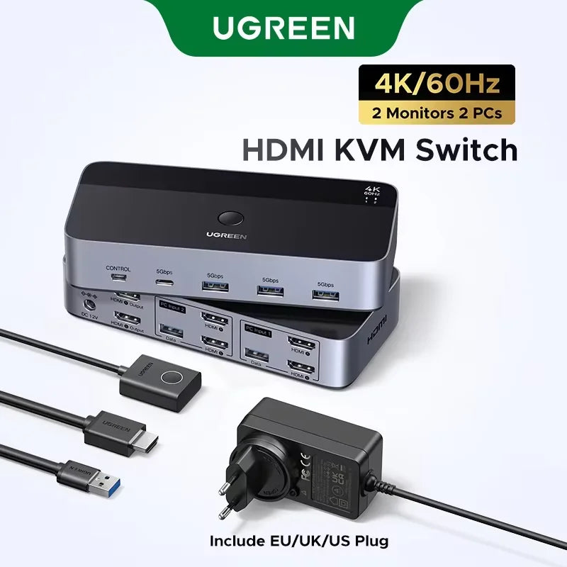 Dual Monitor HDMI KVM Switch for 2 PCs 4K 60Hz