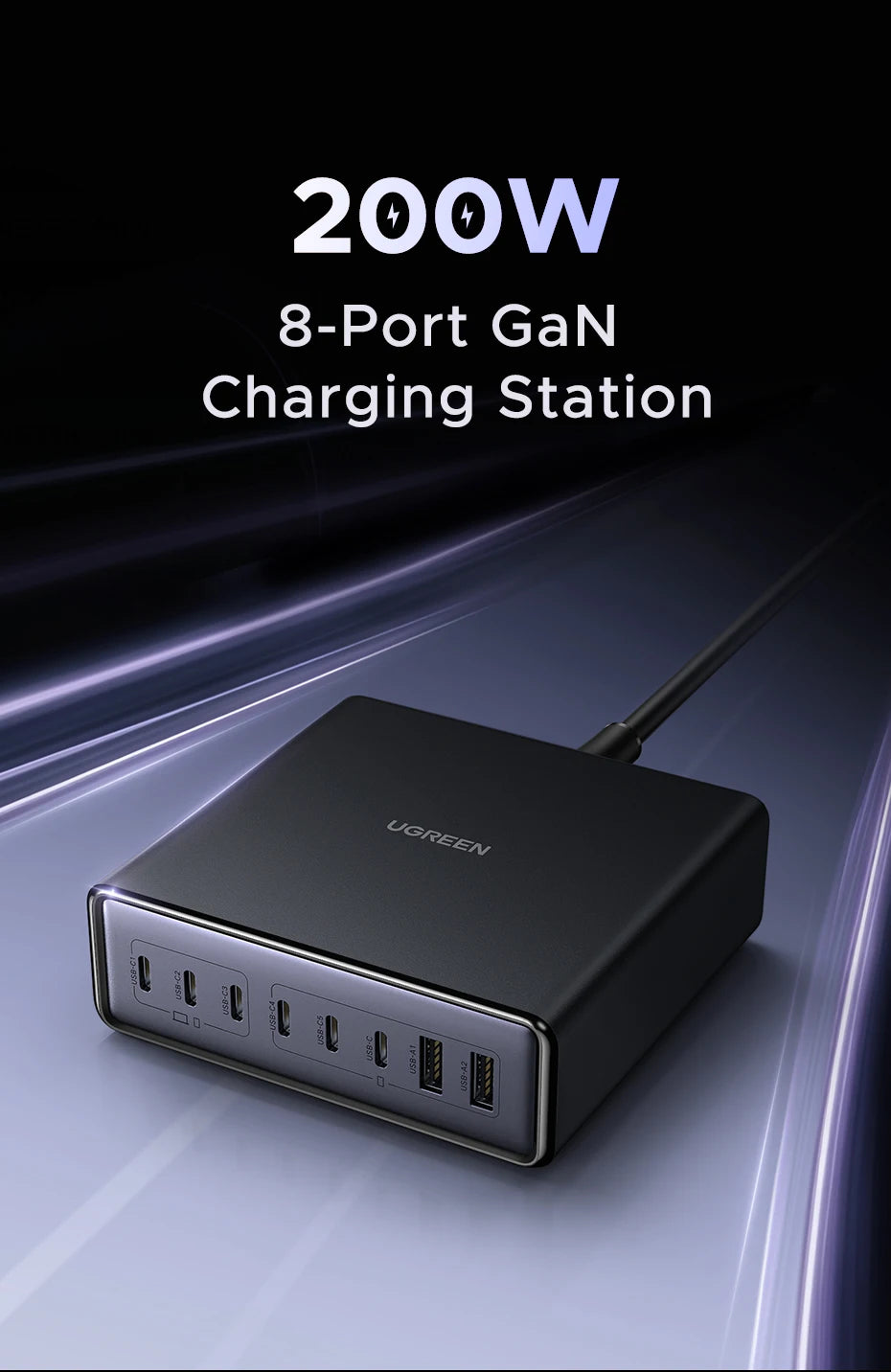 200W GaN 8-in-1 Desktop Fast Charging Station