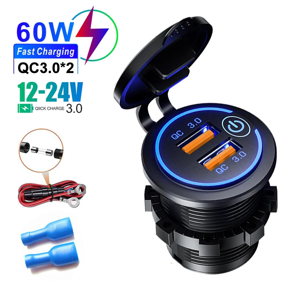 Dual QC 3.0 USB Fast Car Charger Socket 12V/24V Waterproof Outlet - 17