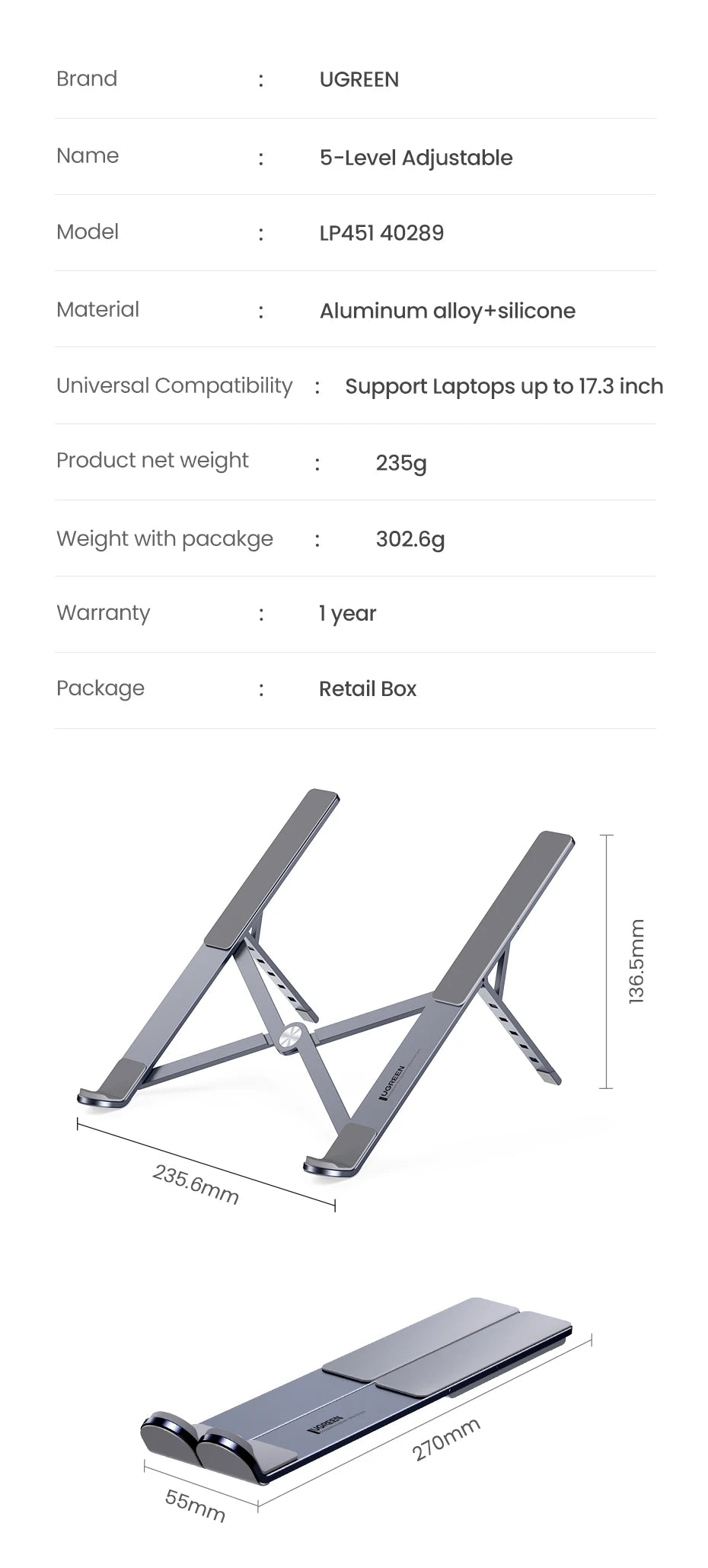 Adjustable Aluminum Foldable Laptop Stand for Desk