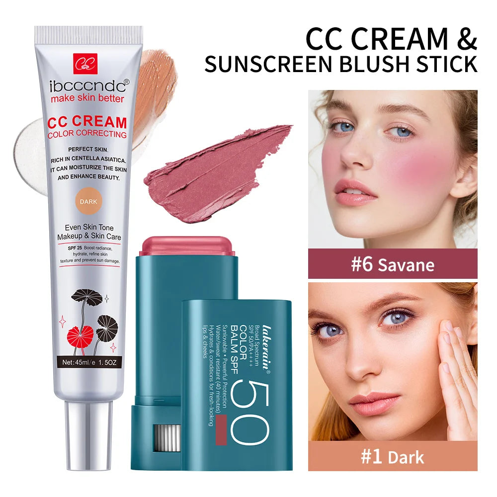 Color Correcting CC Cream and Sunscreen Blush Stick Duo Set