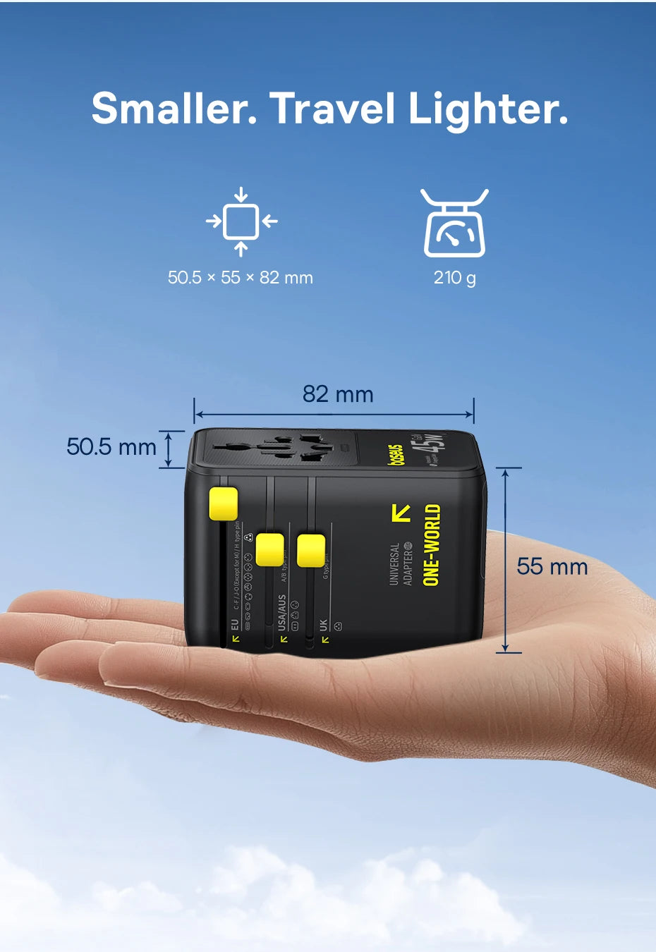 6-in-1 Universal Travel Adapter with 45W Fast Charging and Cable