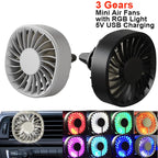 Portable 5V USB Car Air Vent Cooling Fan with 3 Gears and RGB Light