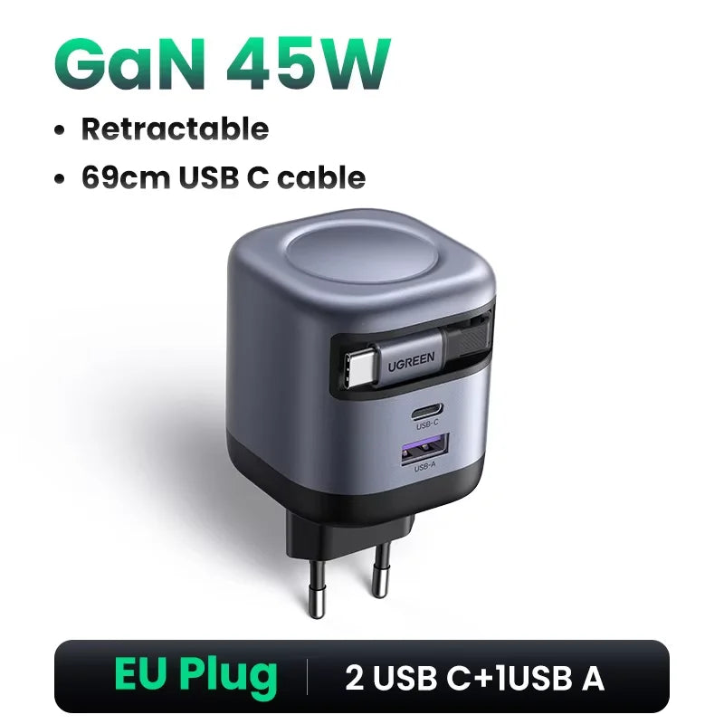 45W GaN Fast Wall Charger with Retractable USB-C Cable - 25