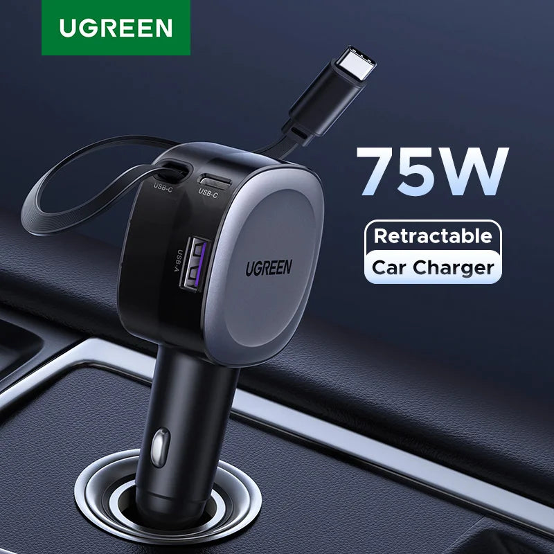 75W Fast Car Charger with Retractable Cables