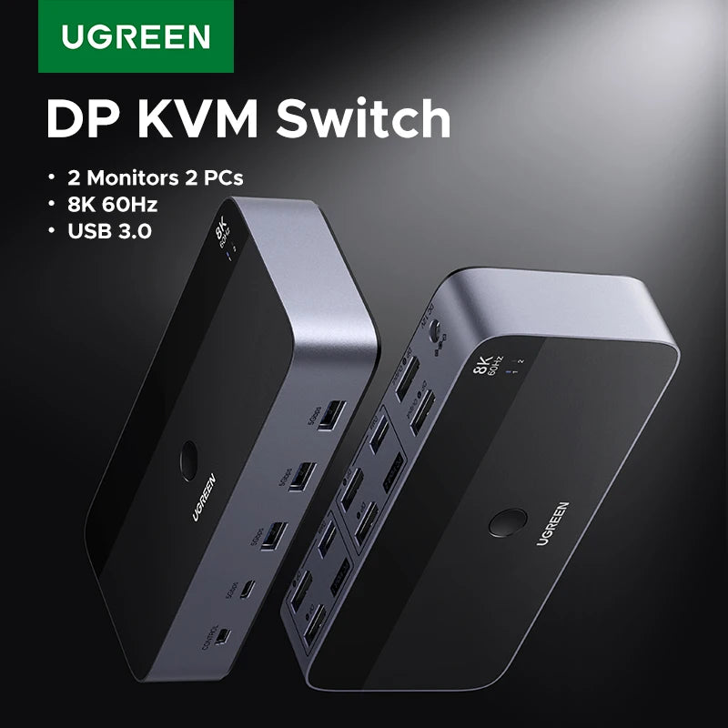 8K 60Hz Dual Monitor DisplayPort KVM Switch for 2 PCs