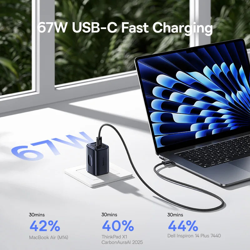 67W GaN Fast Wall Charger with 3 Ports for Laptops and Phones