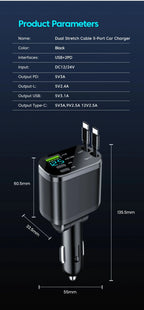 148W 7 in 1 Retractable Car Charger with Voltage Display and Starry Lamp