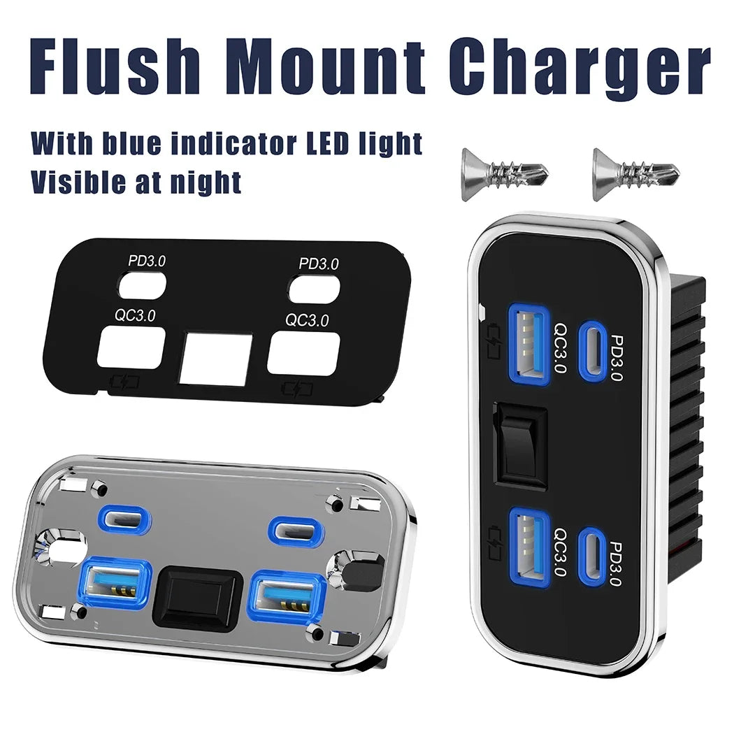 4 Port USB Car Charger with QC3.0 and PD3.0 Fast Charging Socket