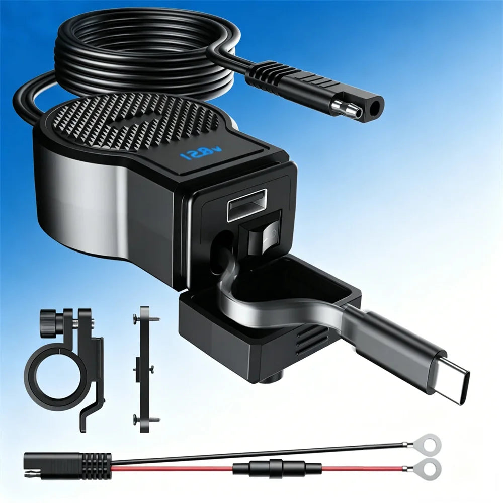Motorcycle Dual Port USB C and A Fast Charger with Retractable Cable
