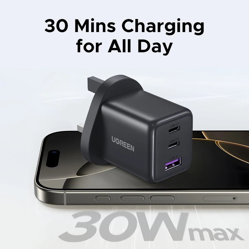 30W GaN 3-Port USB-C Fast Wall Charger