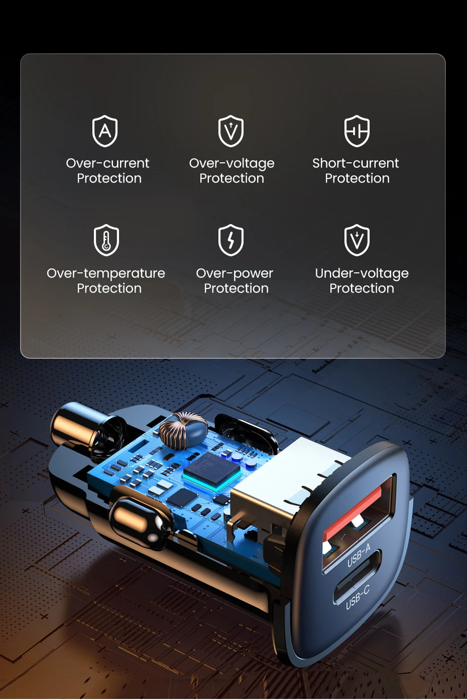 48W Dual Port Fast Car Charger with USB-C and USB-A