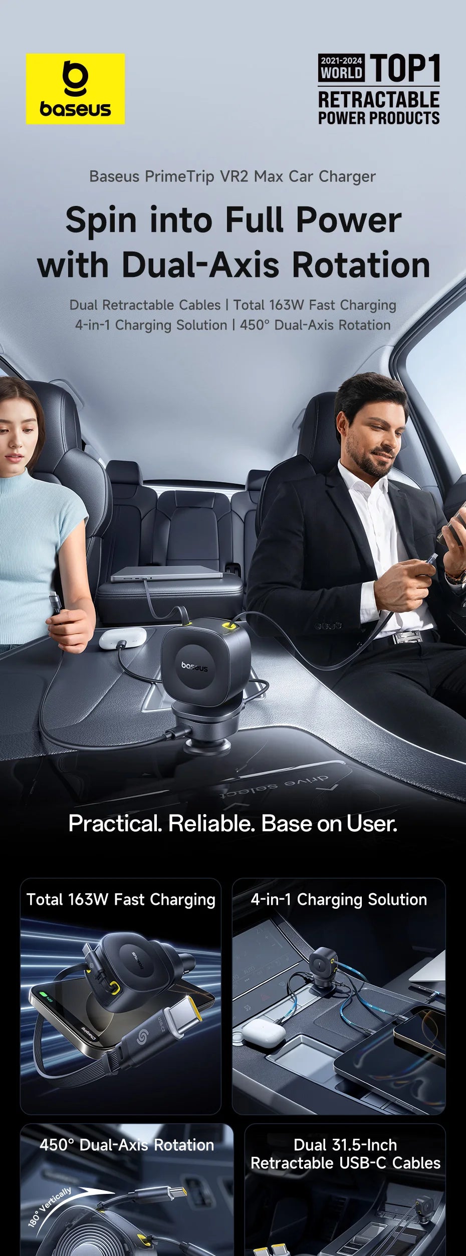 100W Fast Charging 4-Port Retractable Car Charger